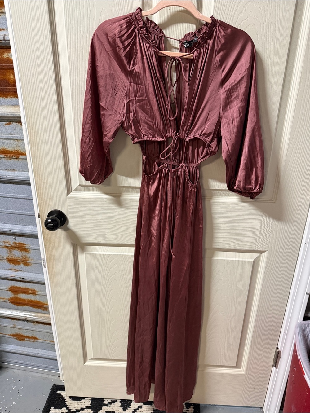Zara Plum Satin Maxi Dress with Ruffle Neck